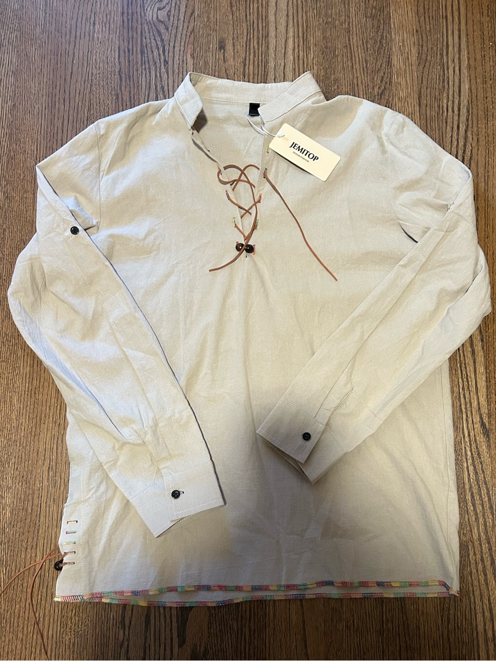 NWT JEMITOP Beige Boho Lace-Up Tunic Top Medium Embroidered Hem Cottagecore